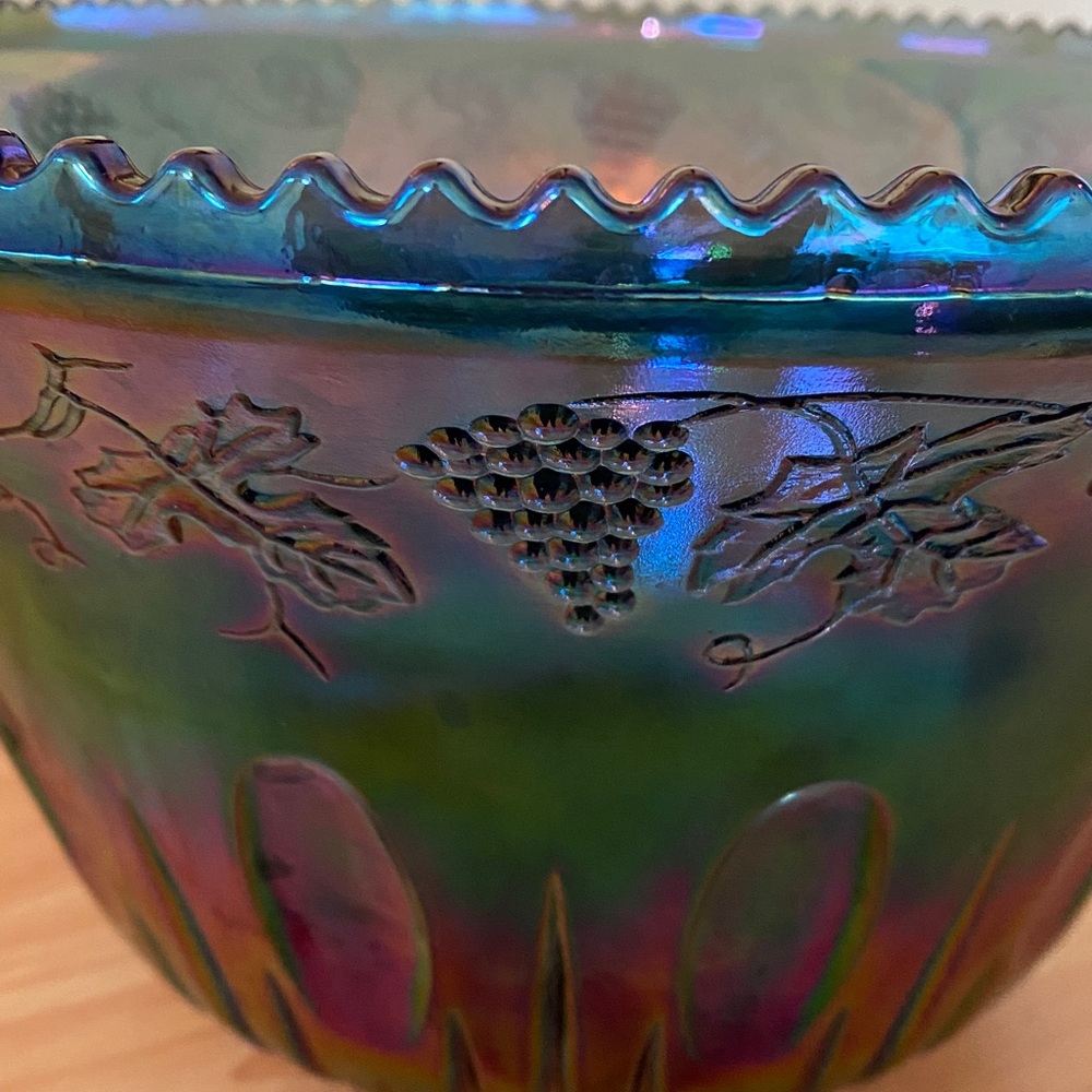 Iridescent Carnival Glass Decorative Punch Bowl Blue Green - Picture 5 of 15